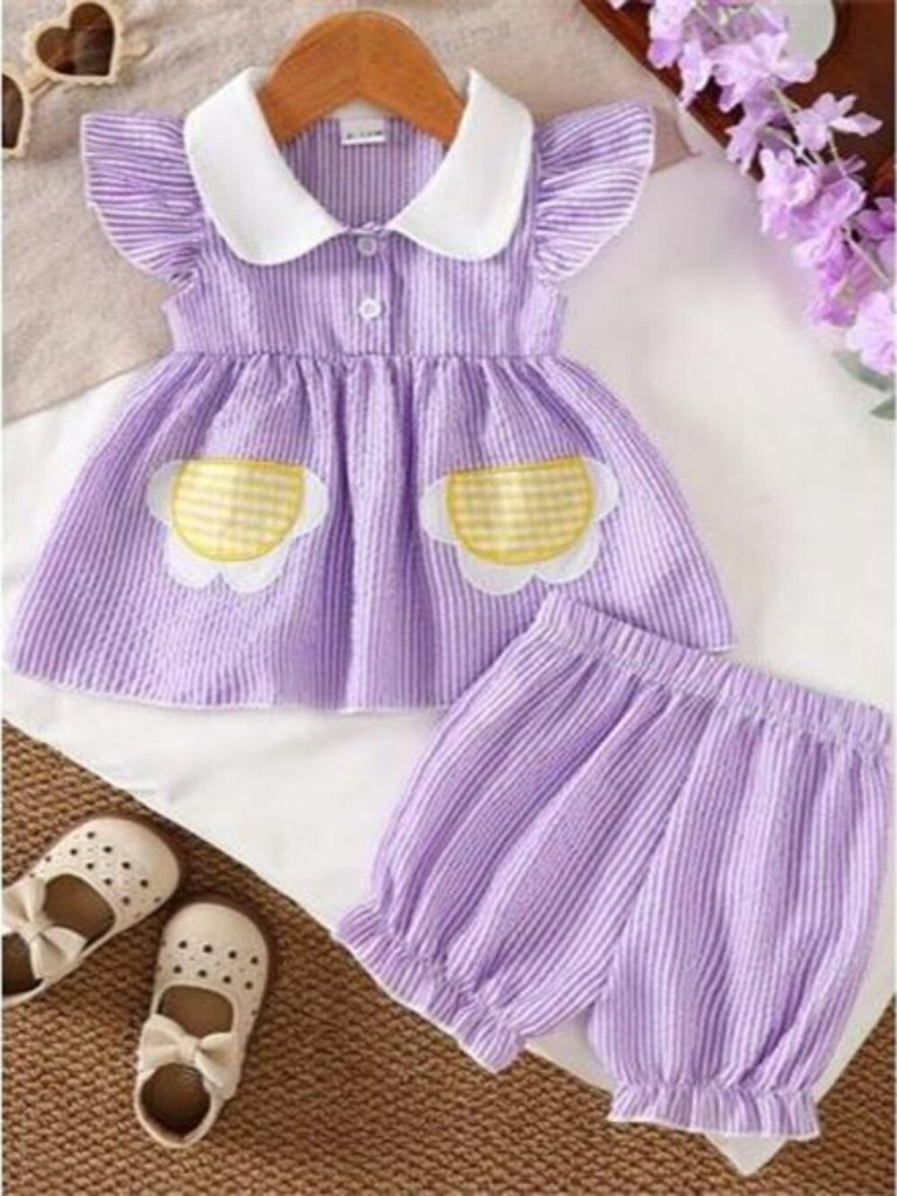 Children's Striped Ruffle Sleeve Top and Shorts Set